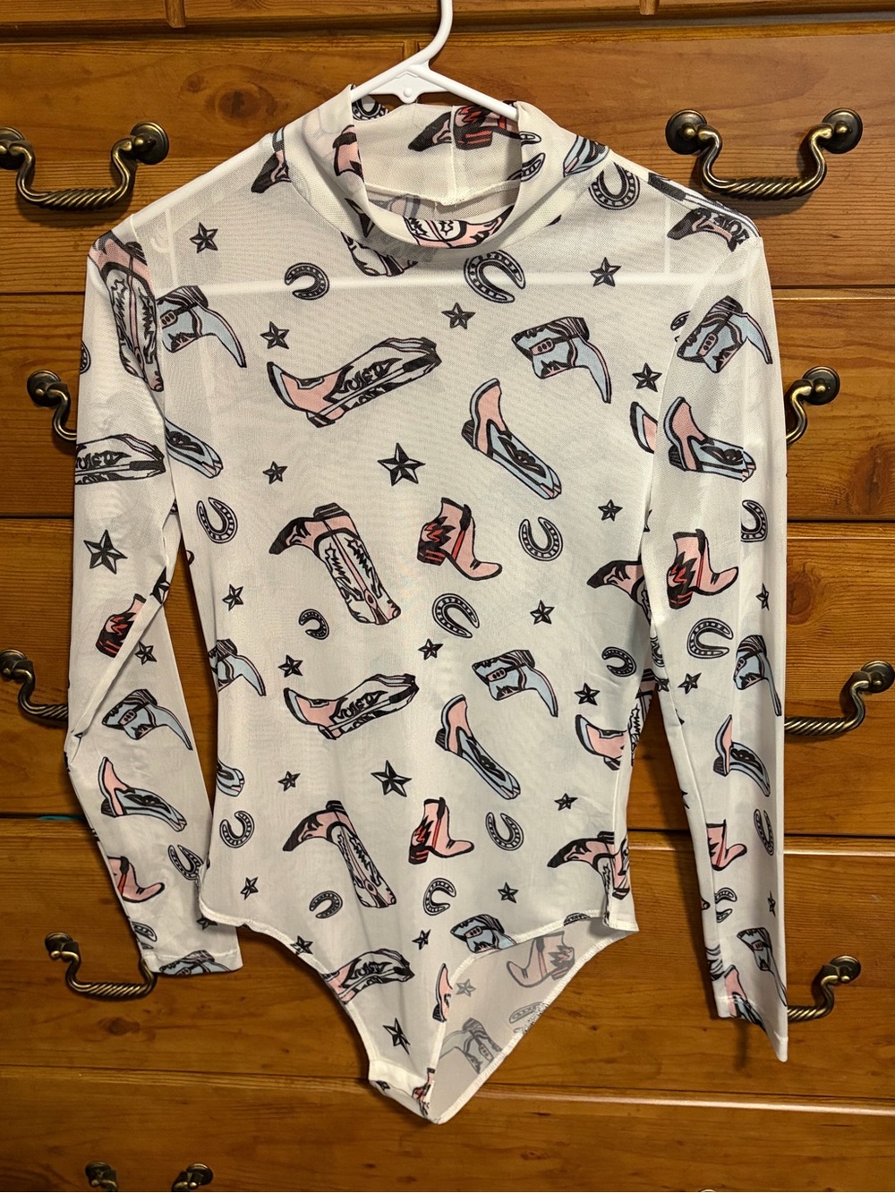White Long-Sleeve Mock Neck Bodysuit with Pink & Blue Western Print